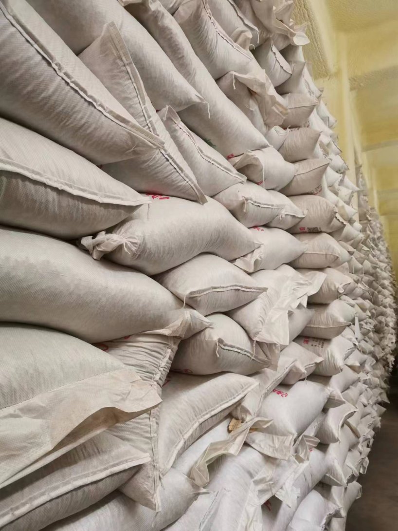 Bag stacks inside the finished goods warehouse, close view
