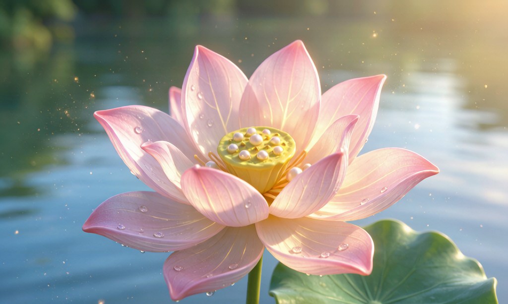 A Hunan lotus in full summer bloom above pearl-lotus seed pods