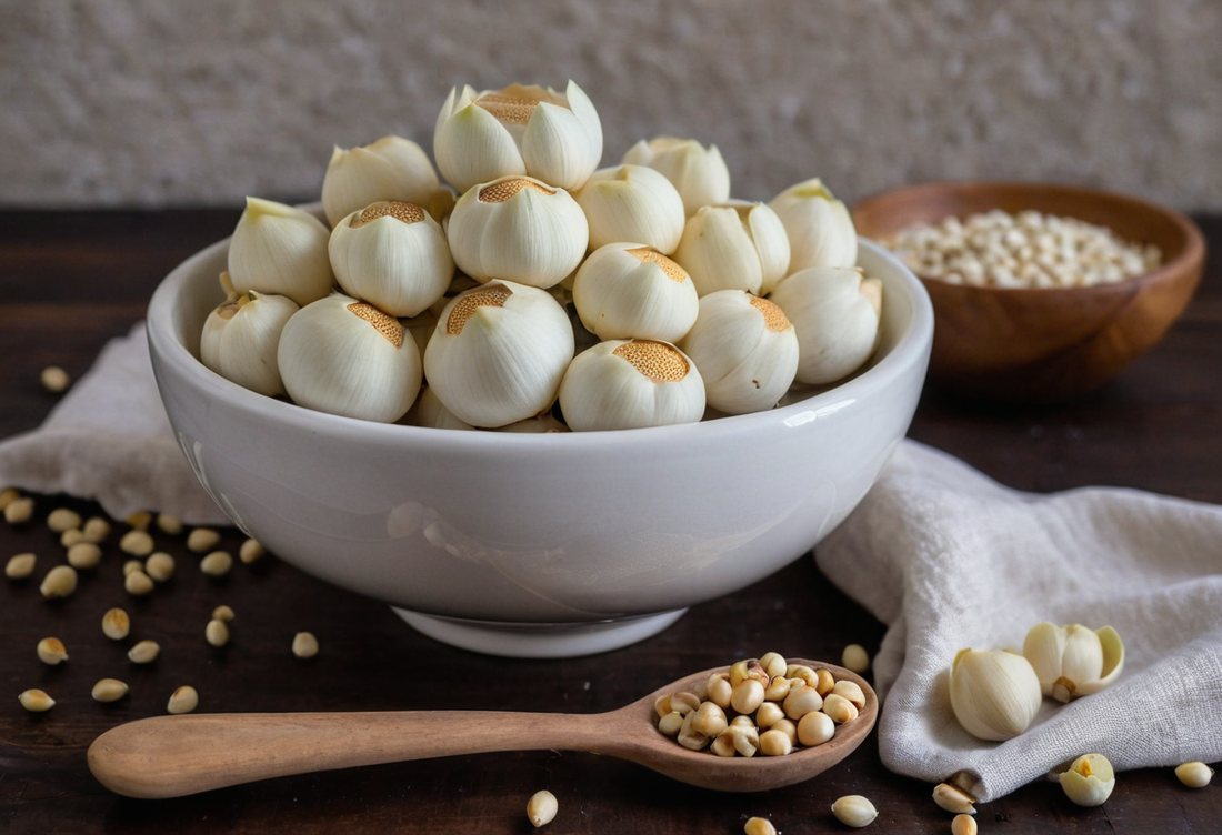Polished white lotus seeds close-up